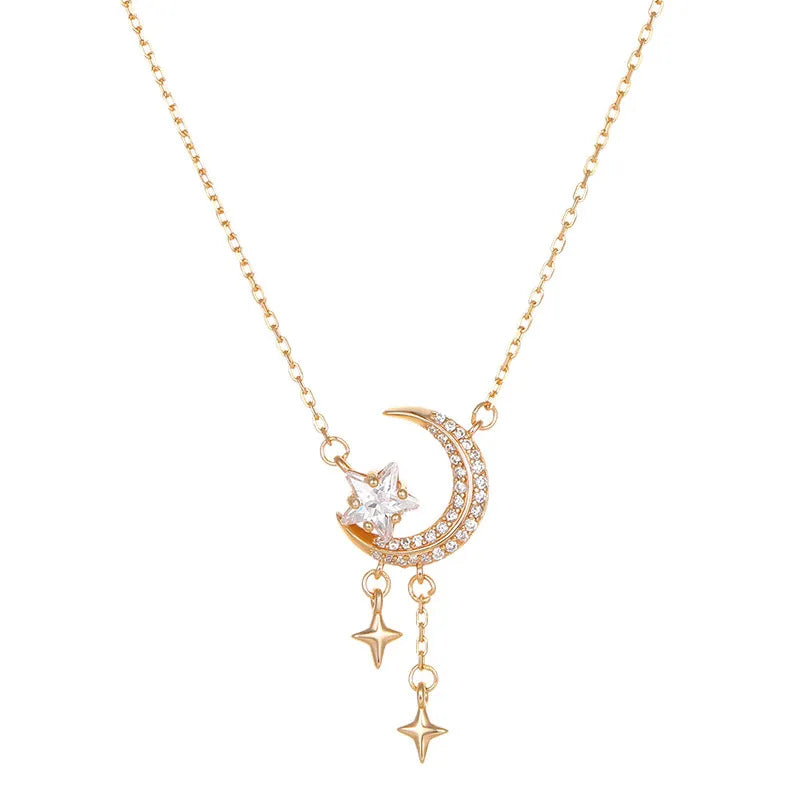 Crescent Moon Necklace 925 Sterling Silver Pendant with Star Drops