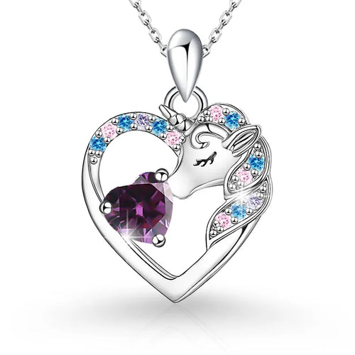 925 Sterling Silver Birthstone Necklace with Unicorn Heart Pendant