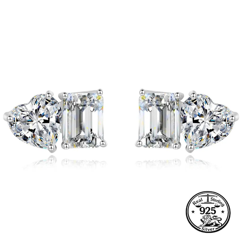 Sterling Silver Heart Stud Earrings With Rectangular Stone Detail
