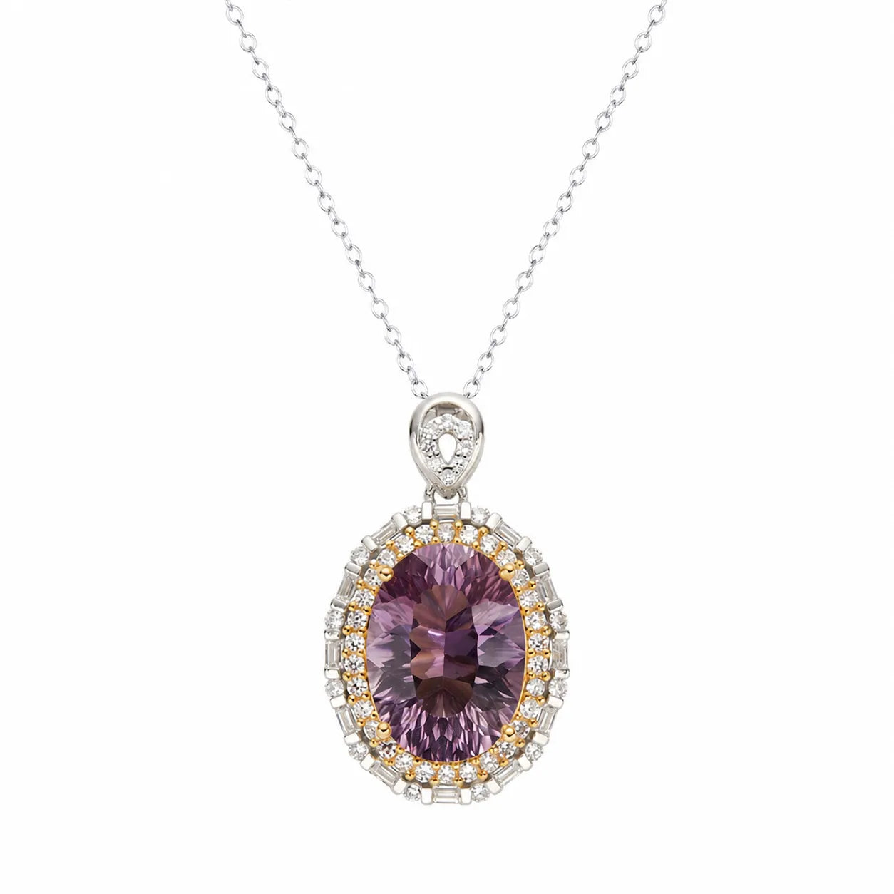 Gemstone Pendant Necklace with an Oval Ballerina Halo Inspired by Art Deco in 925 Sterling Silver