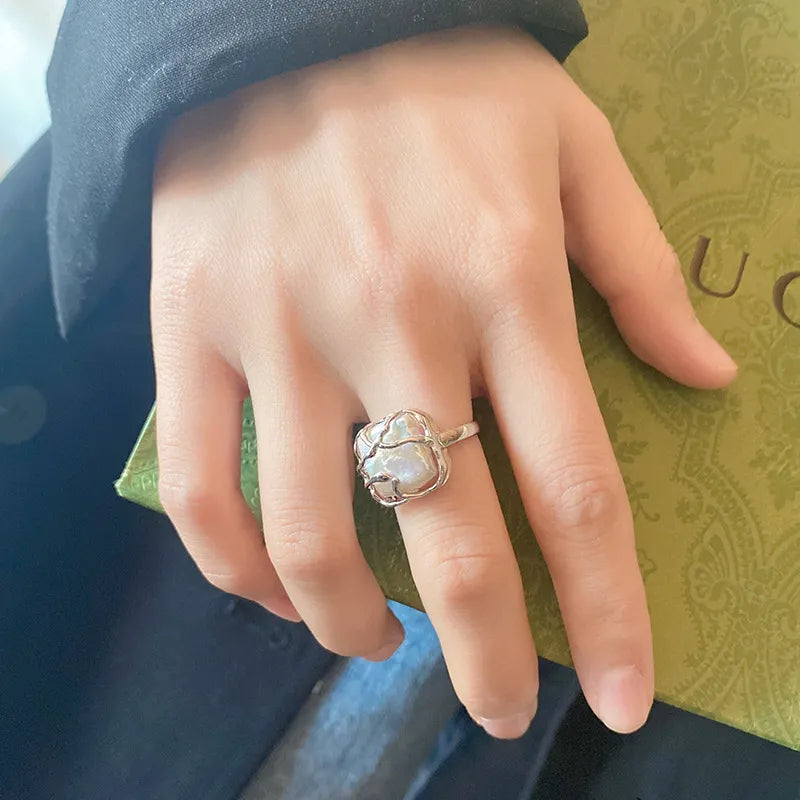 925 Sterling Silver Baroque Pearl Ring Adjustable for Women