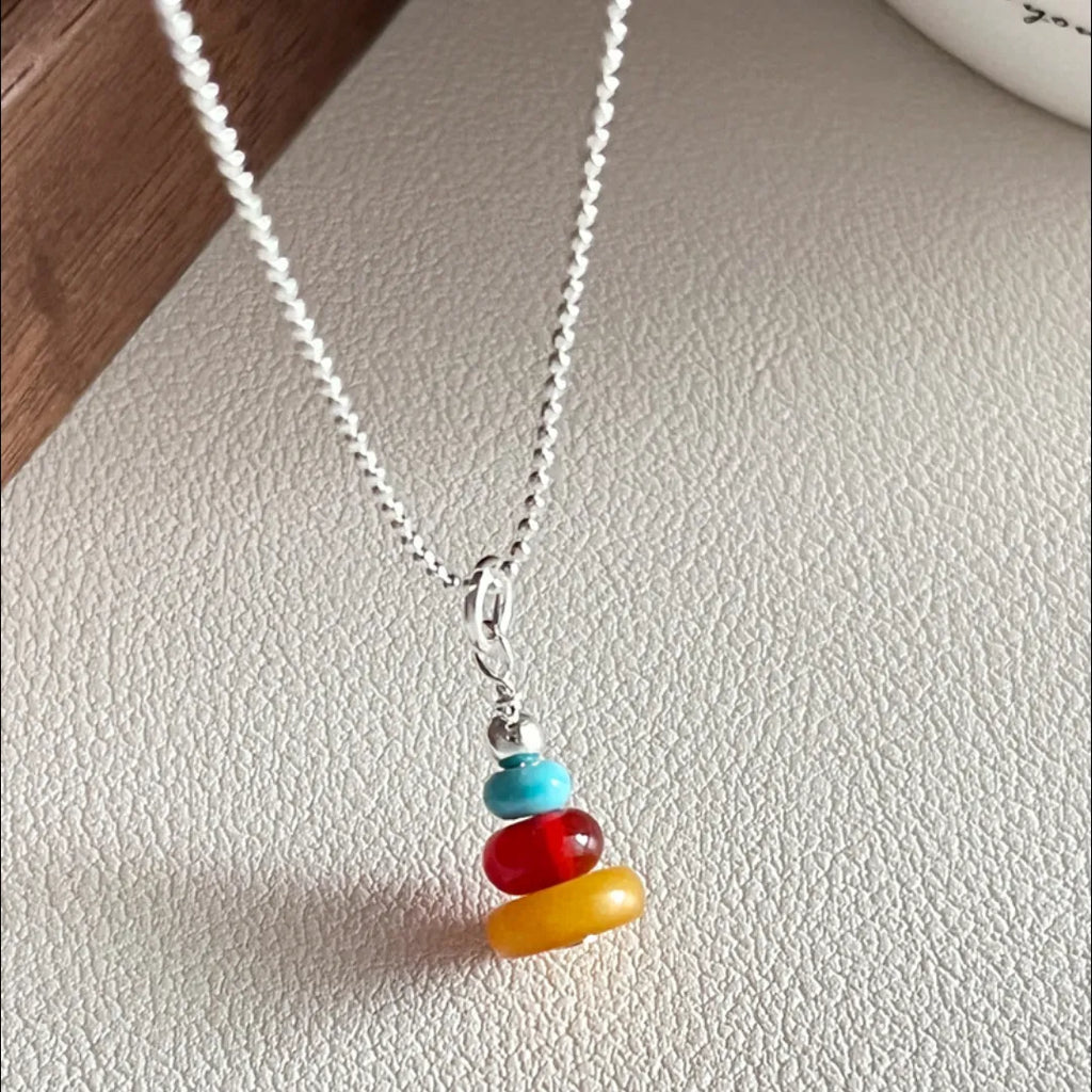 Multicolor Gemstone Necklace 925 Sterling Silver Candy Stack Pendant