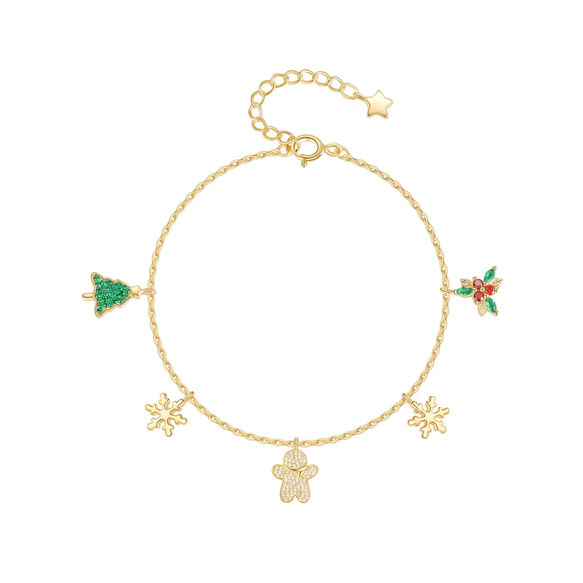Christmas Charm Bracelet in 925 Sterling Silver with Christmas Tree and Gingerbread Man Motifs