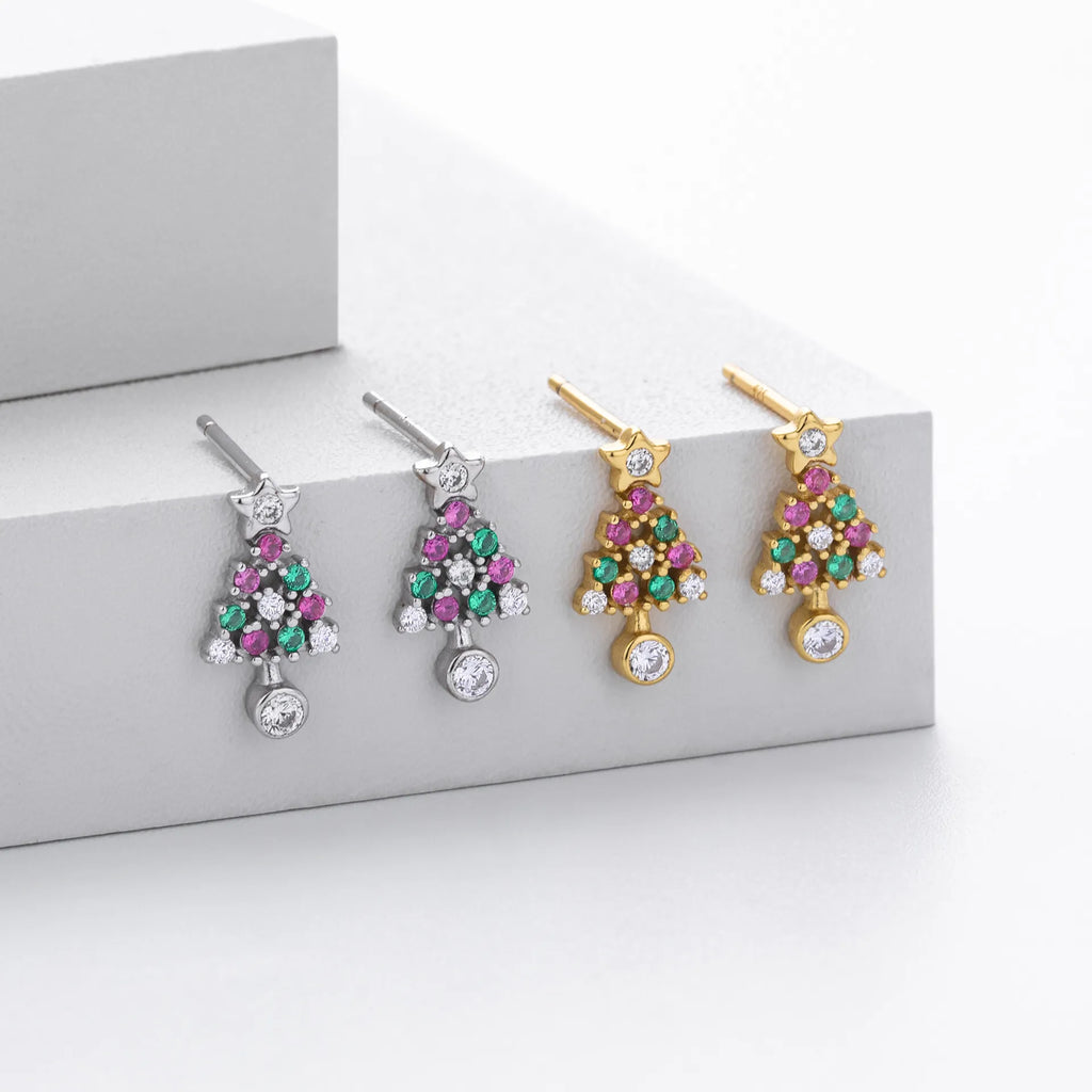 Christmas Tree Earrings 925 Sterling Silver Openwork With Pink and Green Ornament Accents