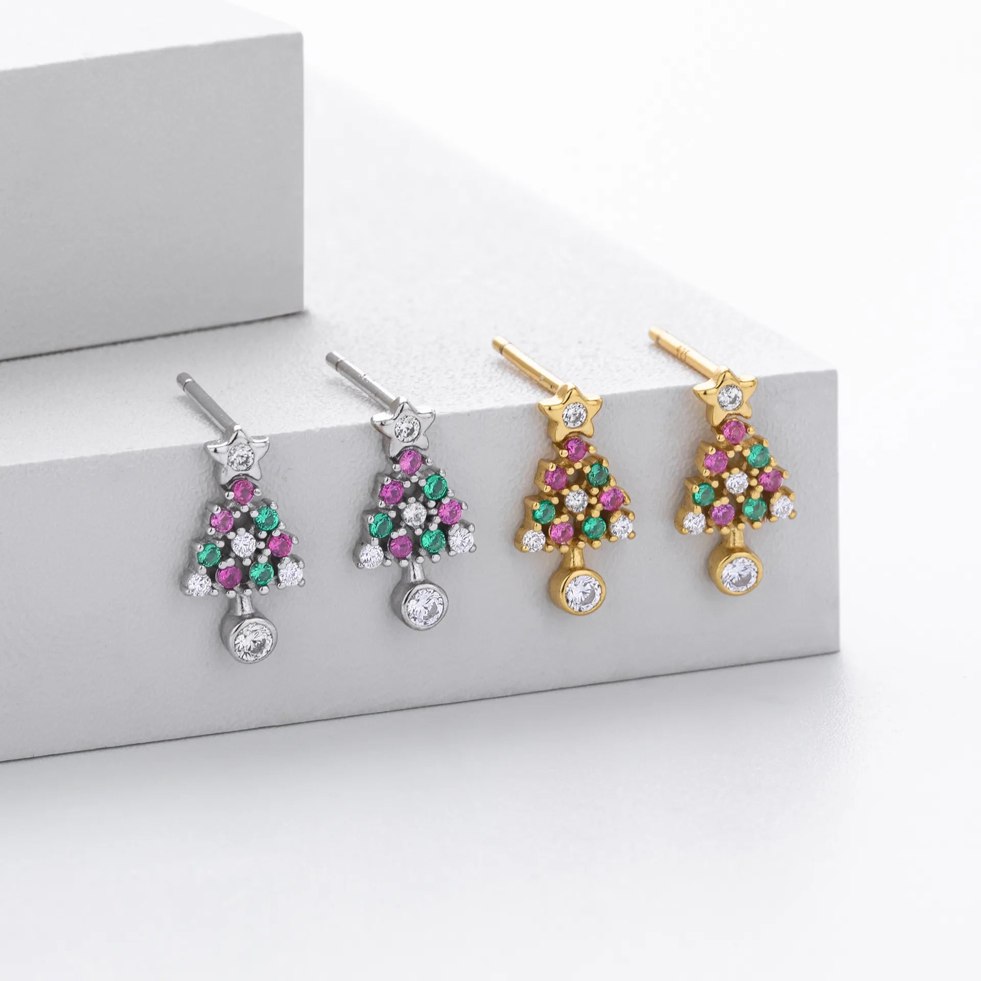 Christmas Tree Earrings 925 Sterling Silver Openwork With Pink and Green Ornament Accents