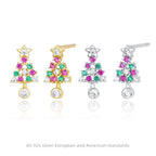 Christmas Tree Earrings 925 Sterling Silver Openwork With Pink and Green Ornament Accents