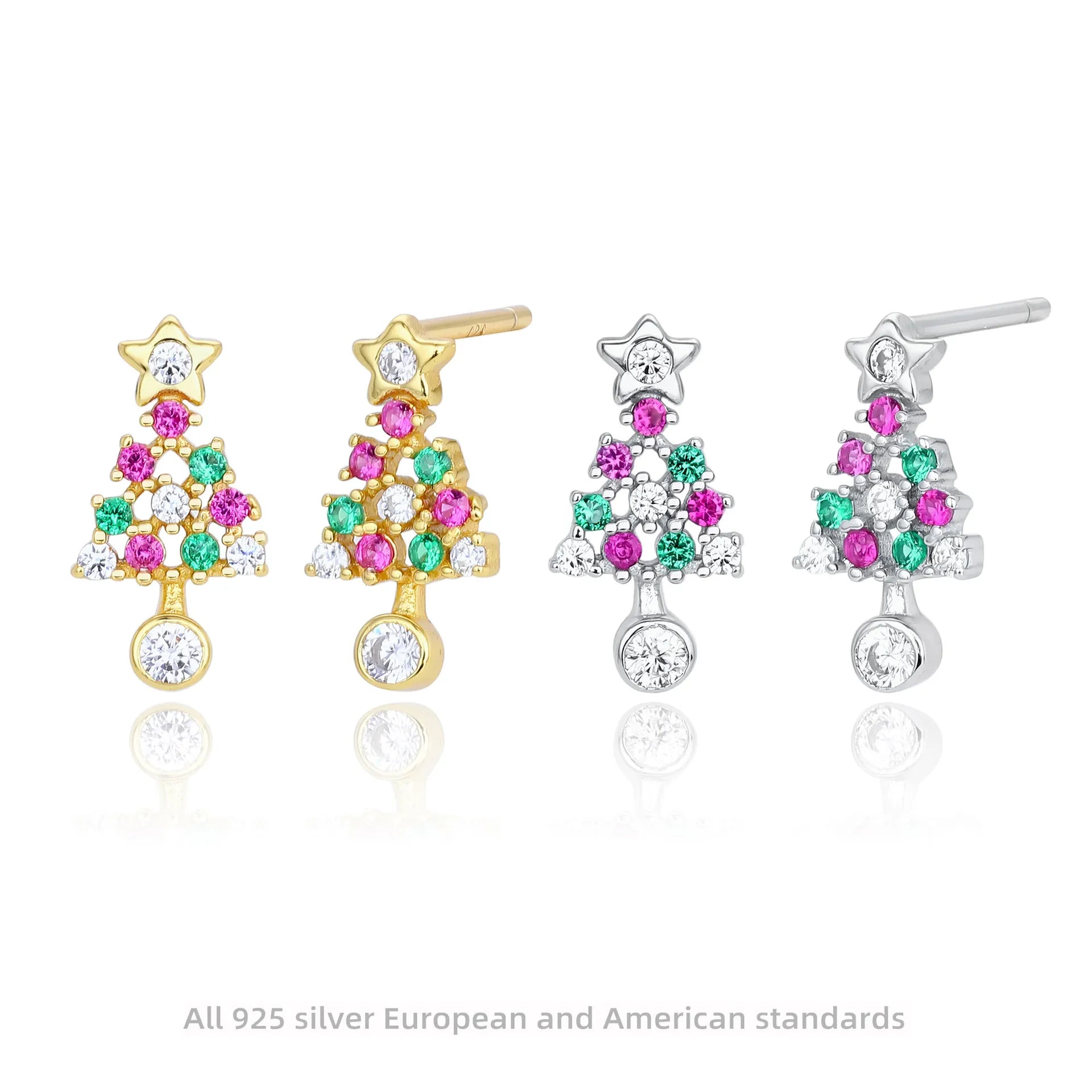Christmas Tree Earrings 925 Sterling Silver Openwork With Pink and Green Ornament Accents