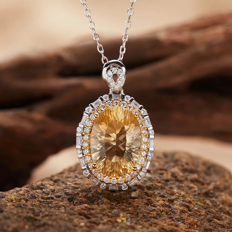 Gemstone Pendant Necklace with an Oval Ballerina Halo Inspired by Art Deco in 925 Sterling Silver