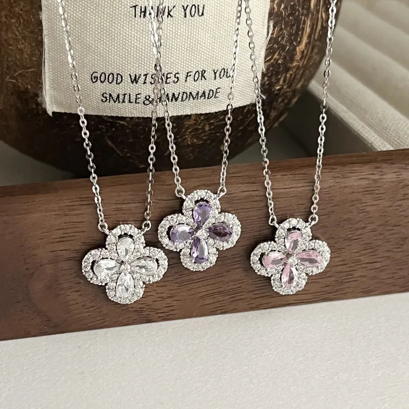Clover Choker Necklace 925 Sterling Silver Four Pear-Shaped Cubic Zirconia Stones