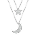 Crescent Moon And Star Necklace 925 Sterling Silver Double Layer With Moissanite Accents