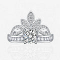 Crown Ring 925 Sterling Silver Cubic Zirconia Three Leaf Top Detail
