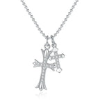 Double Cross Necklace in 925 Sterling Silver with Large and Small Moissanite Cross Pendants