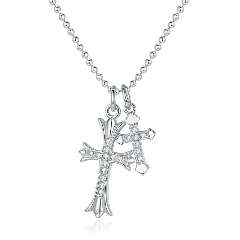 Double Cross Necklace in 925 Sterling Silver with Large and Small Moissanite Cross Pendants