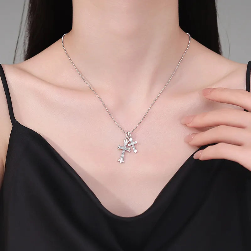 Double Cross Necklace in 925 Sterling Silver with Large and Small Moissanite Cross Pendants