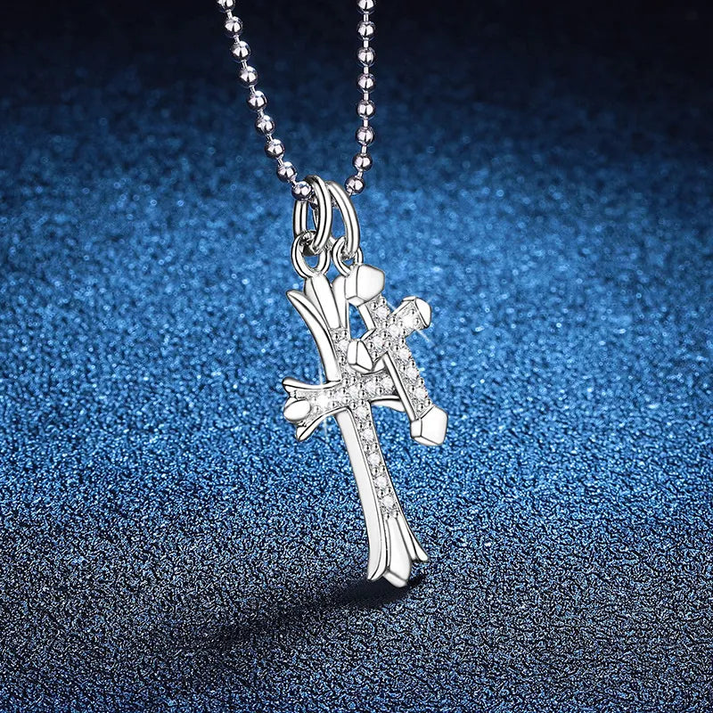 Double Cross Necklace in 925 Sterling Silver with Large and Small Moissanite Cross Pendants