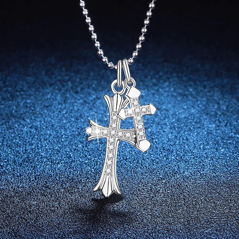 Double Cross Necklace in 925 Sterling Silver with Large and Small Moissanite Cross Pendants