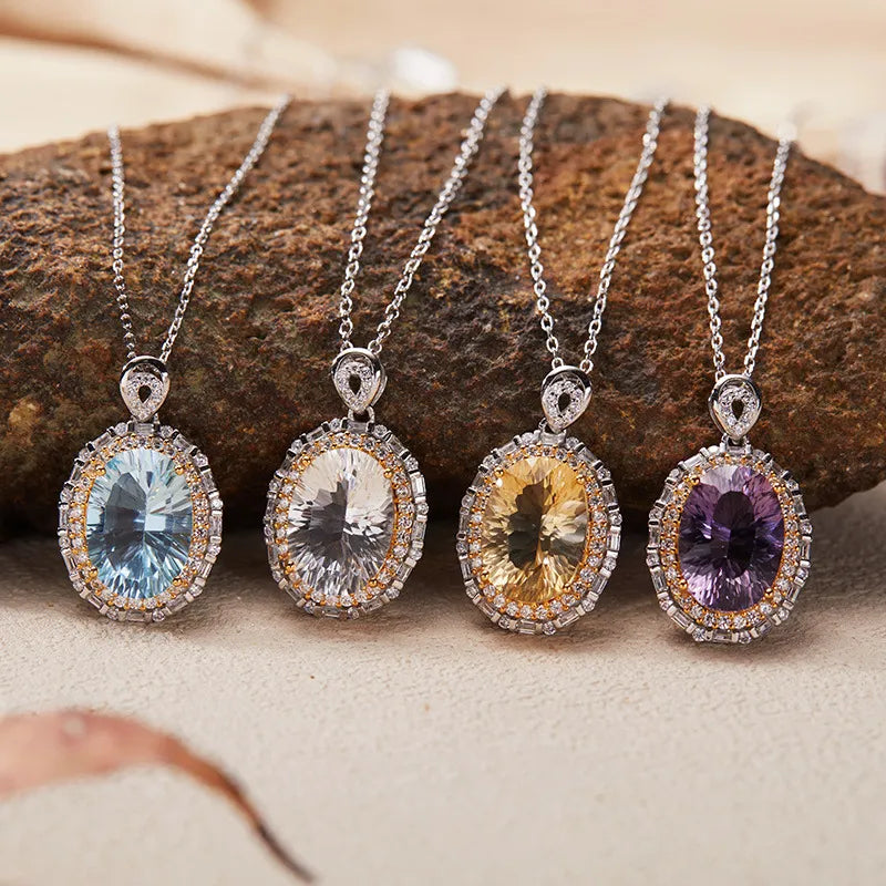 Gemstone Pendant Necklace with an Oval Ballerina Halo Inspired by Art Deco in 925 Sterling Silver