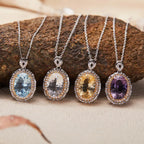 Gemstone Pendant Necklace with an Oval Ballerina Halo Inspired by Art Deco in 925 Sterling Silver