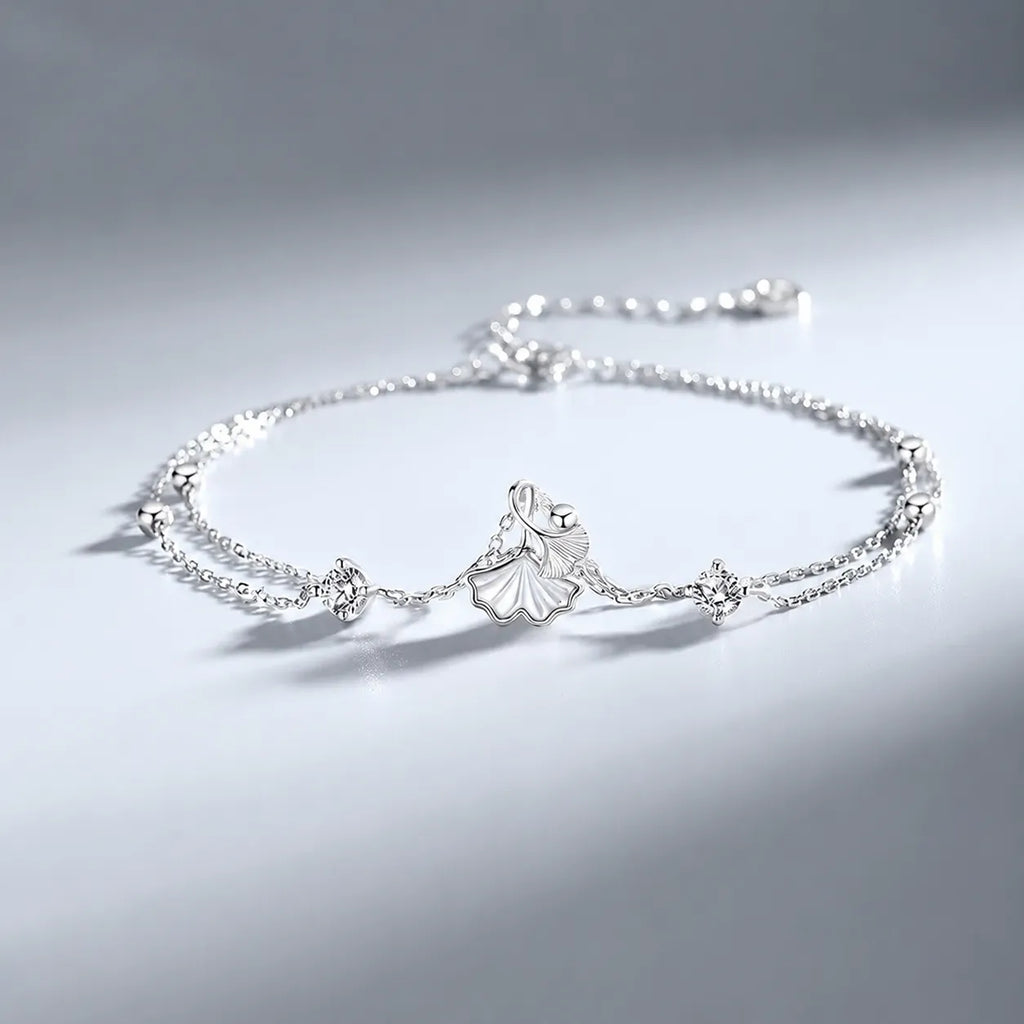 Ginkgo Leaf Bracelet in 925 Sterling Silver with Two Cubic Zirconia Accents and Five Silver Beads