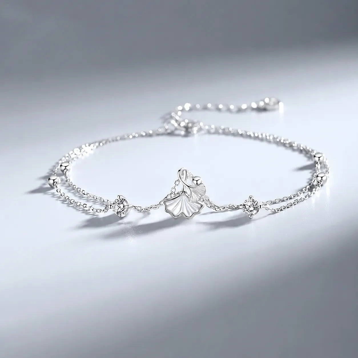 Ginkgo Leaf Bracelet in 925 Sterling Silver with Two Cubic Zirconia Accents and Five Silver Beads