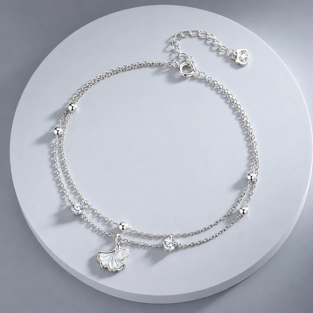 Ginkgo Leaf Bracelet in 925 Sterling Silver with Two Cubic Zirconia Accents and Five Silver Beads