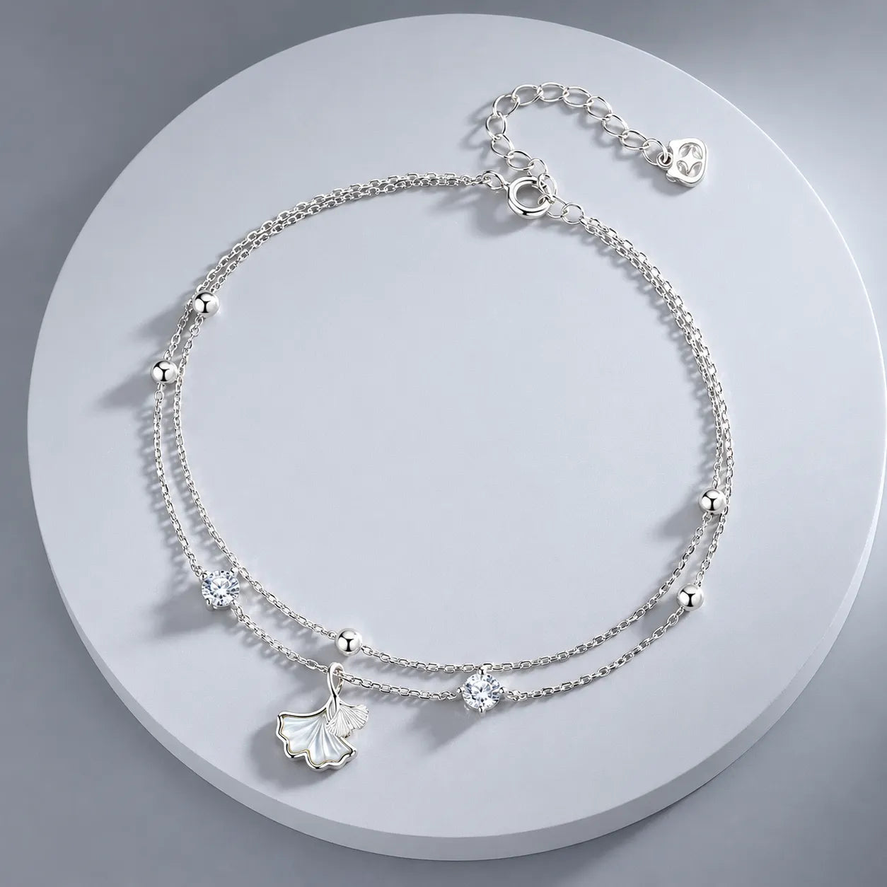Ginkgo Leaf Bracelet in 925 Sterling Silver with Two Cubic Zirconia Accents and Five Silver Beads