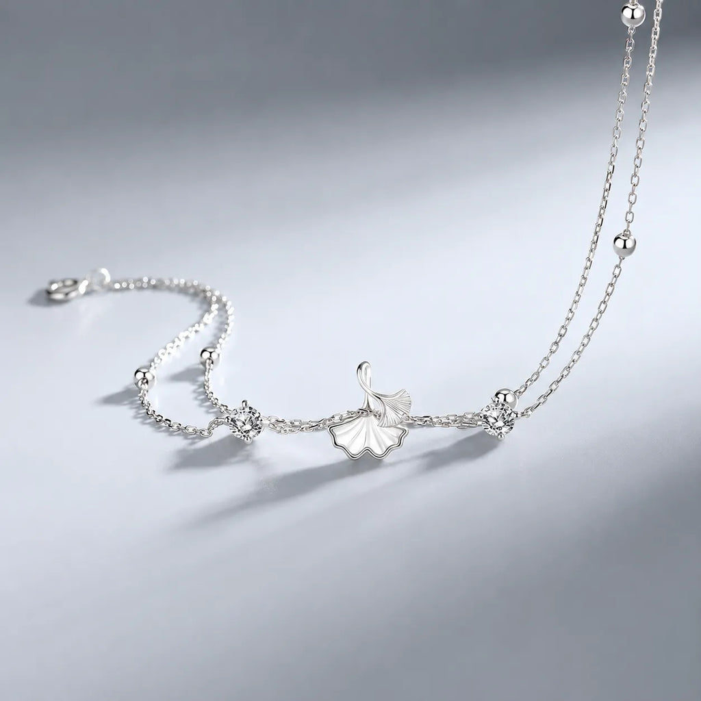 Ginkgo Leaf Bracelet in 925 Sterling Silver with Two Cubic Zirconia Accents and Five Silver Beads