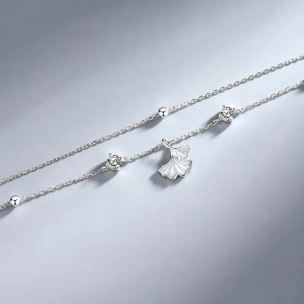 Ginkgo Leaf Bracelet in 925 Sterling Silver with Two Cubic Zirconia Accents and Five Silver Beads