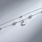 Ginkgo Leaf Bracelet in 925 Sterling Silver with Two Cubic Zirconia Accents and Five Silver Beads