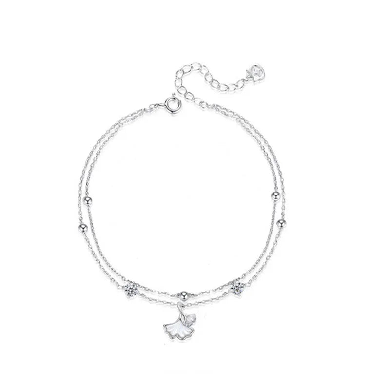 Ginkgo Leaf Bracelet in 925 Sterling Silver with Two Cubic Zirconia Accents and Five Silver Beads