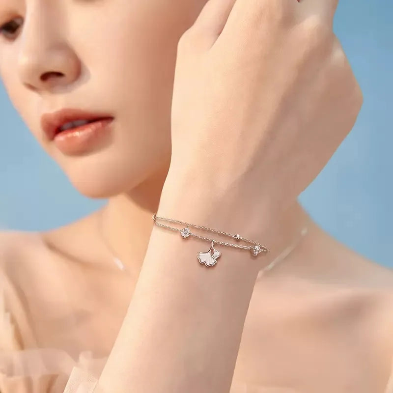 Ginkgo Leaf Bracelet in 925 Sterling Silver with Two Cubic Zirconia Accents and Five Silver Beads