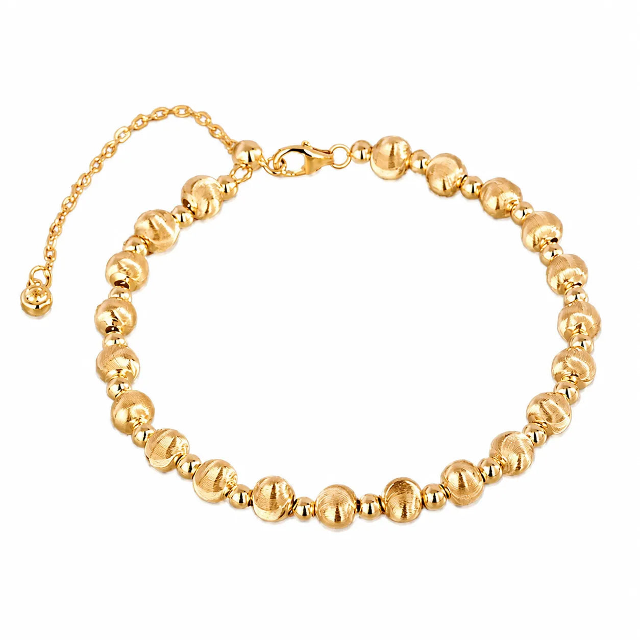 Gold-color round bead bracelet with alternating brushed beads and polished spacers on a white background