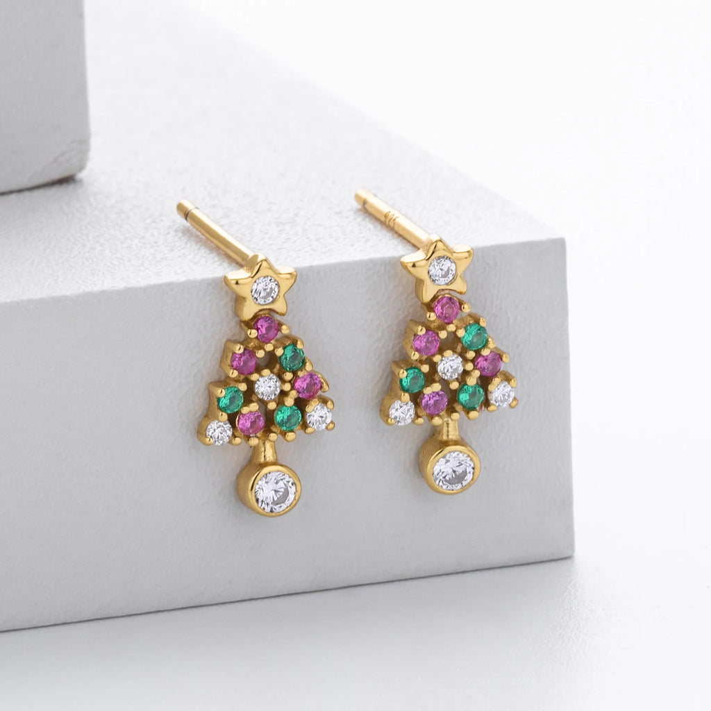 Christmas Tree Earrings 925 Sterling Silver Openwork With Pink and Green Ornament Accents