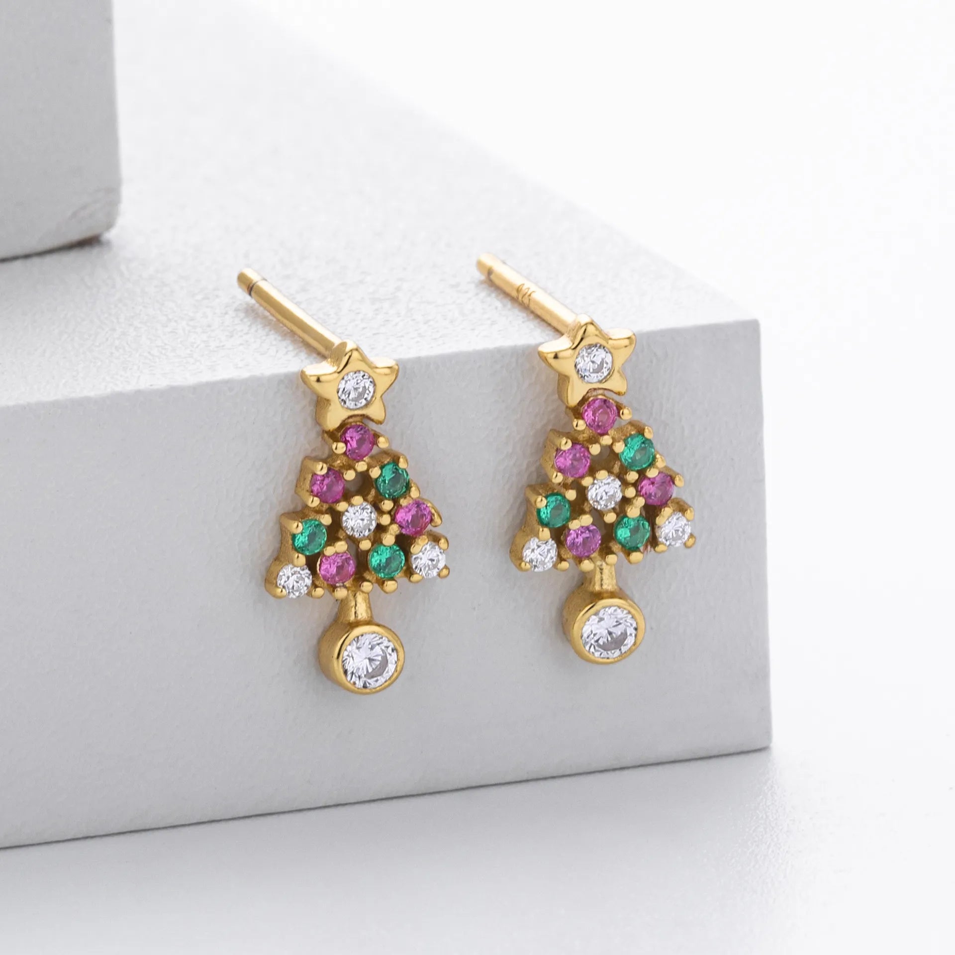 Christmas Tree Earrings 925 Sterling Silver Openwork With Pink and Green Ornament Accents