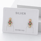 Christmas Tree Earrings 925 Sterling Silver Openwork With Pink and Green Ornament Accents