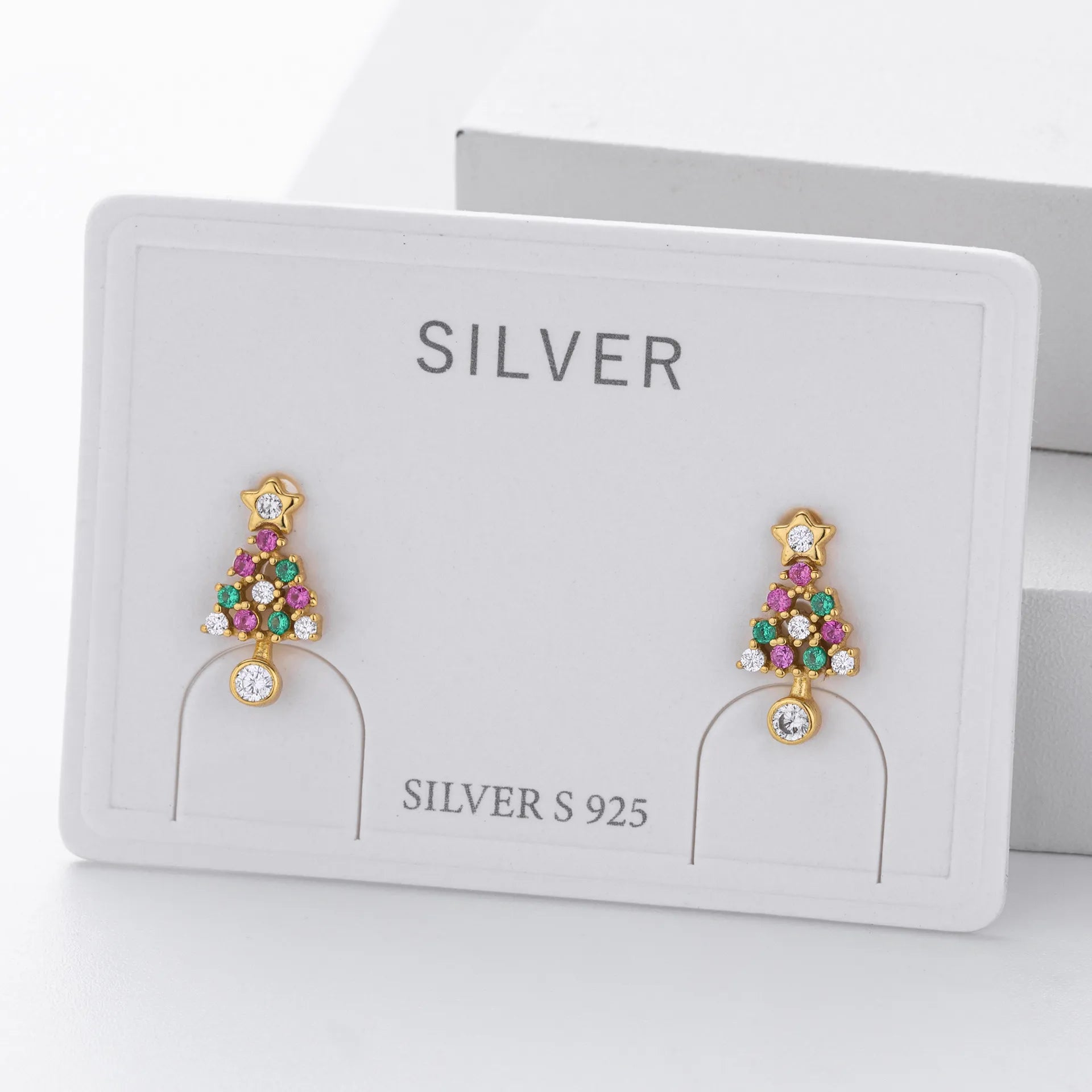 Christmas Tree Earrings 925 Sterling Silver Openwork With Pink and Green Ornament Accents