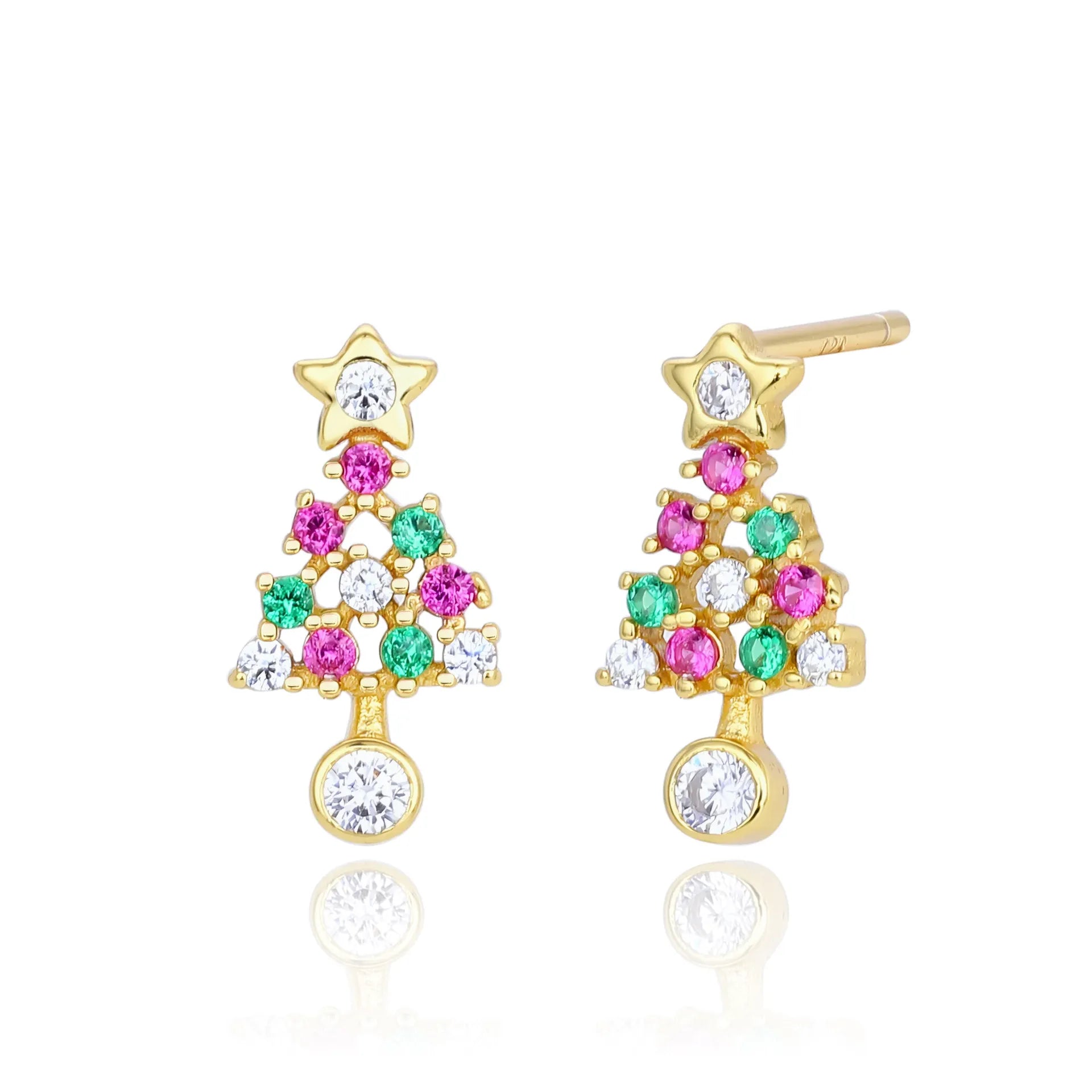 Christmas Tree Earrings 925 Sterling Silver Openwork With Pink and Green Ornament Accents