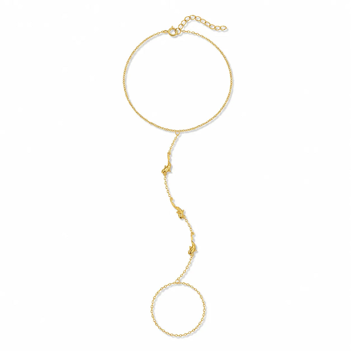 Hand Chain in 925 Sterling Silver with 18K Gold Plating and Three Openwork Goldfish in Motion Main image
