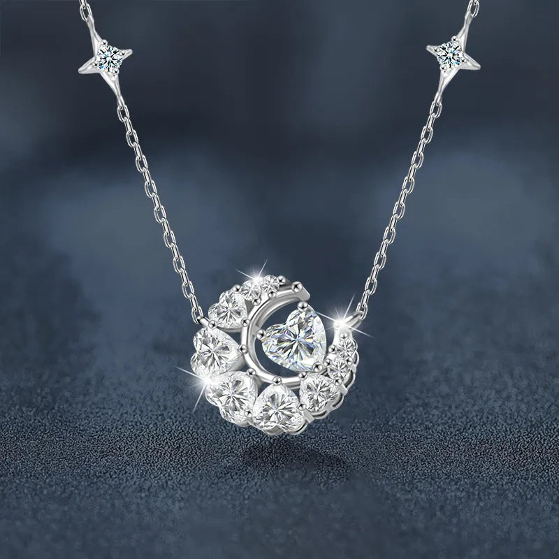 Heart and Star Necklace with Heart Cut Moissanite and a Celestial Motif in 925 Sterling Silver
