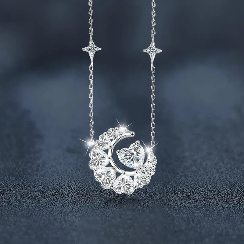 Heart and Star Necklace with Heart Cut Moissanite and a Celestial Motif in 925 Sterling Silver