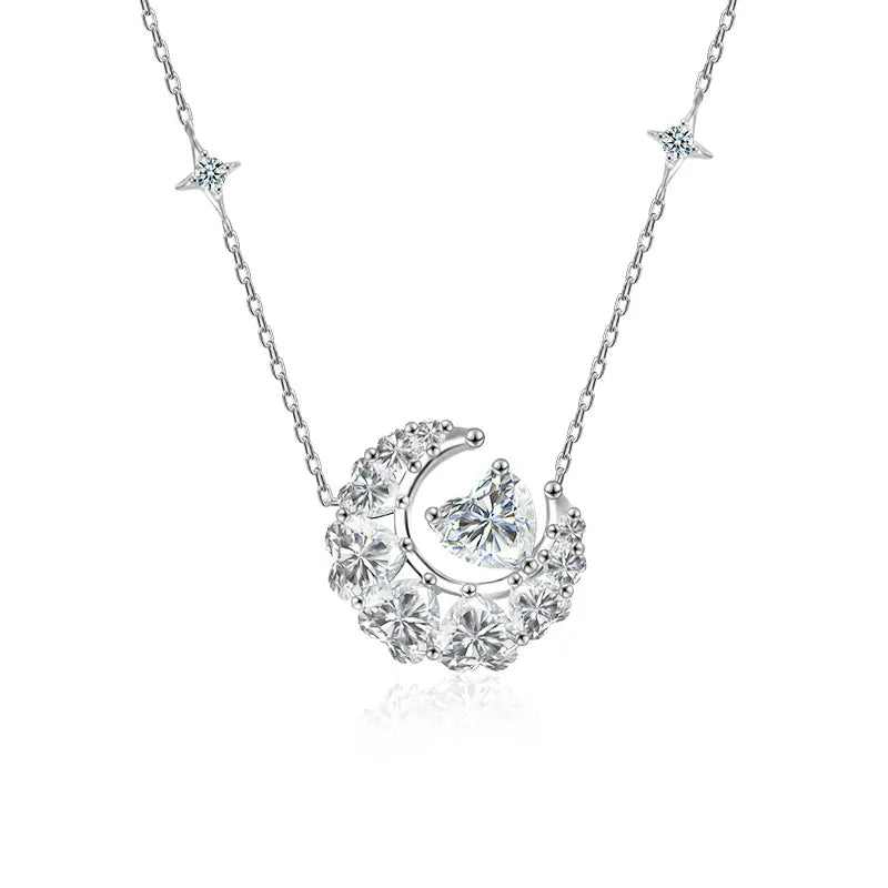 Heart and Star Necklace with Heart Cut Moissanite and a Celestial Motif in 925 Sterling Silver