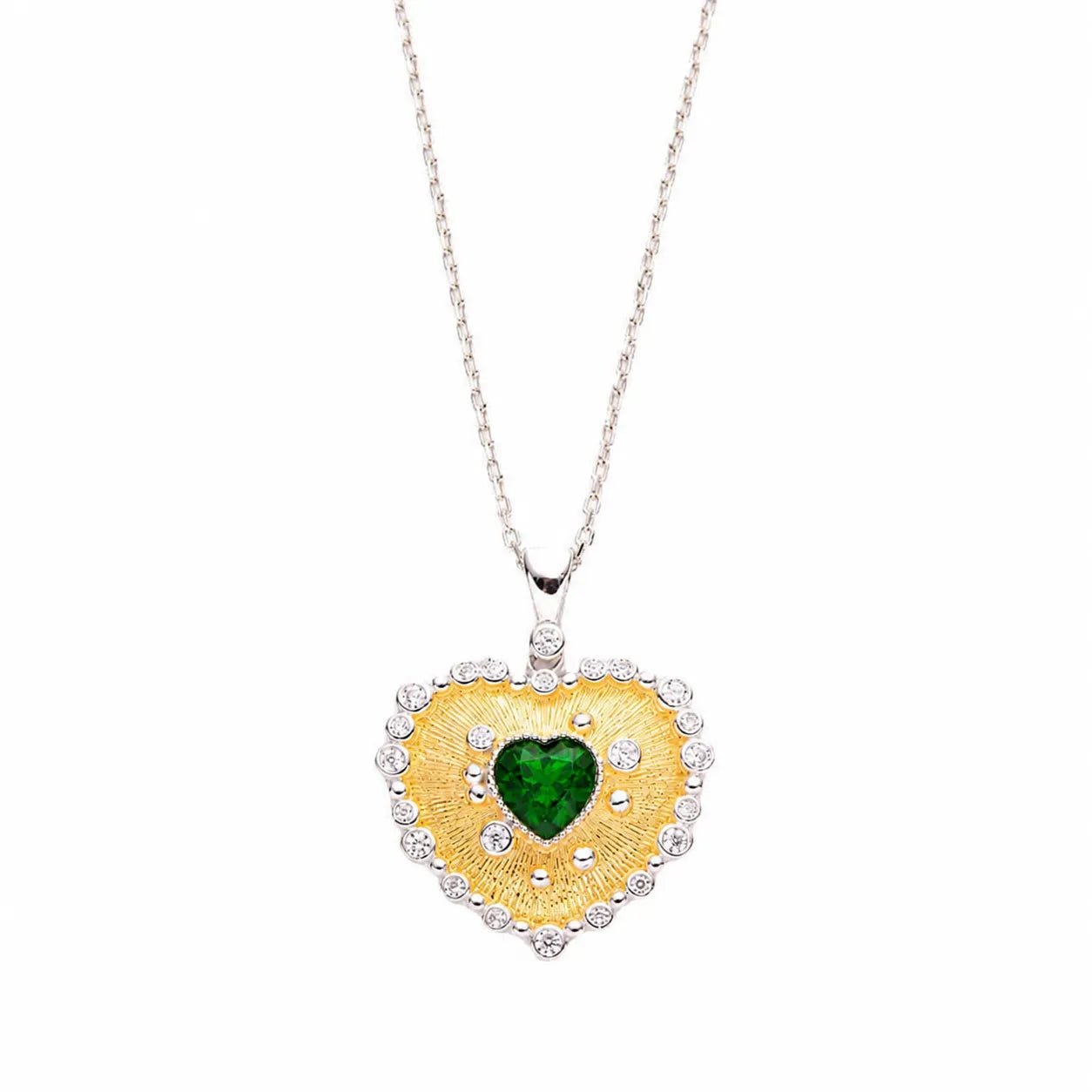 Heart Pendant Necklace 925 Sterling Silver 18K Gold Plated Textured Heart with Center Stone