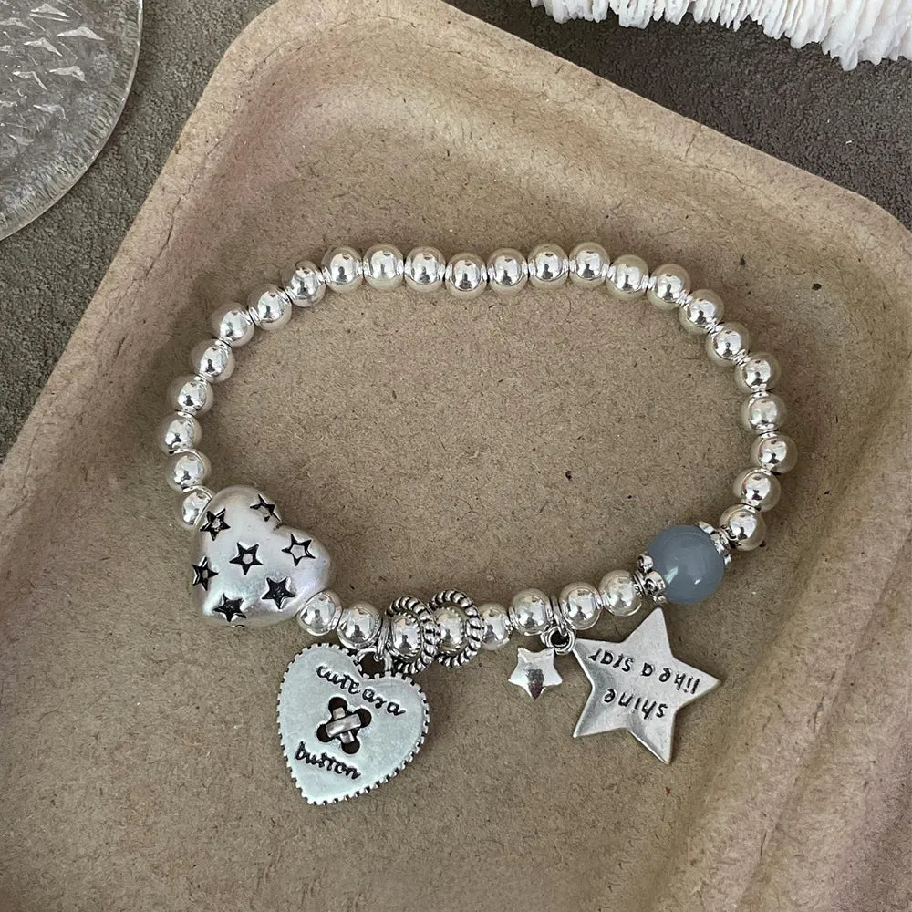 Beaded Charm Bracelet in 925 Sterling Silver with Engraved Heart and Star Accents Secondary image