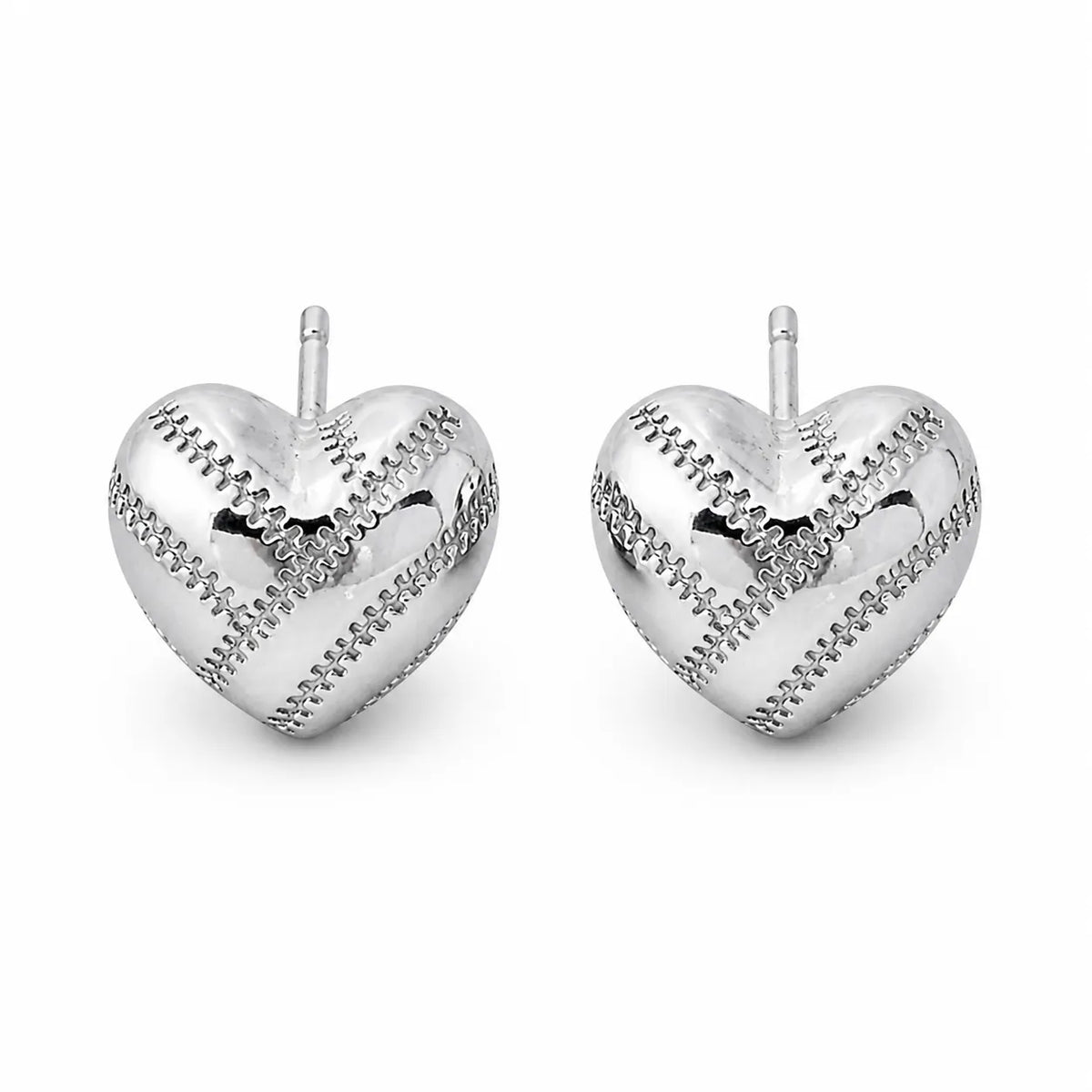 Heart Stud Earrings 925 Sterling Silver Baseball Stitch Design Main image
