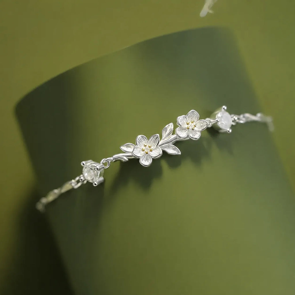 Jasmine Flower Bracelet in 925 Sterling Silver with a Branch Centerpiece and Two Cubic Zirconia Stones