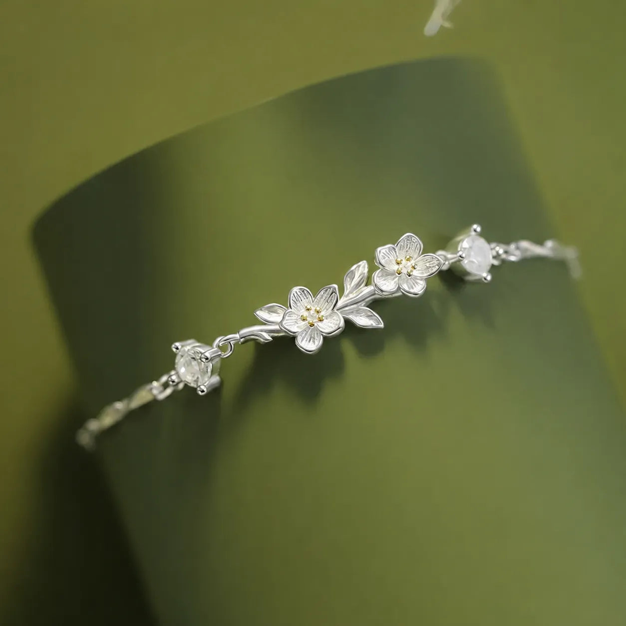 Jasmine Flower Bracelet in 925 Sterling Silver with a Branch Centerpiece and Two Cubic Zirconia Stones