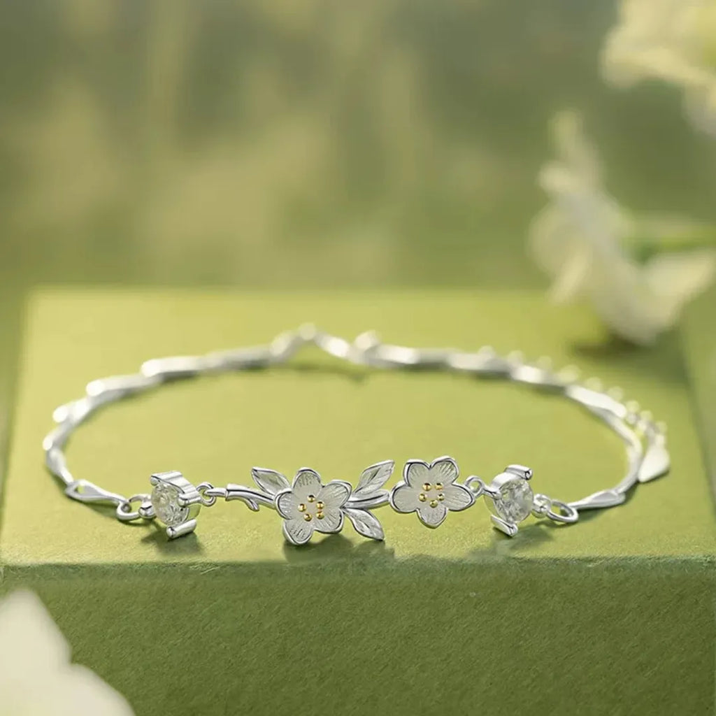Jasmine Flower Bracelet in 925 Sterling Silver with a Branch Centerpiece and Two Cubic Zirconia Stones