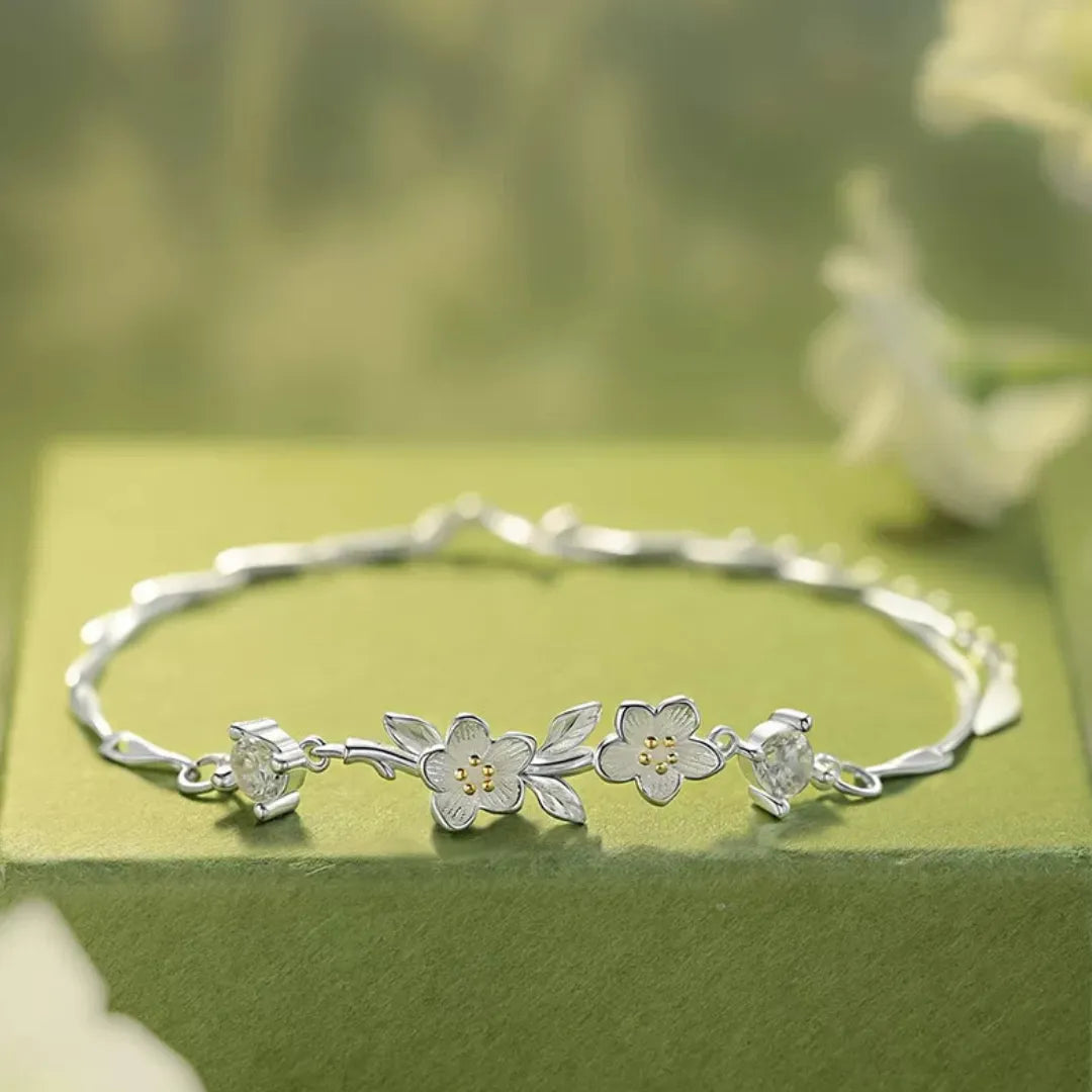 Jasmine Flower Bracelet in 925 Sterling Silver with a Branch Centerpiece and Two Cubic Zirconia Stones