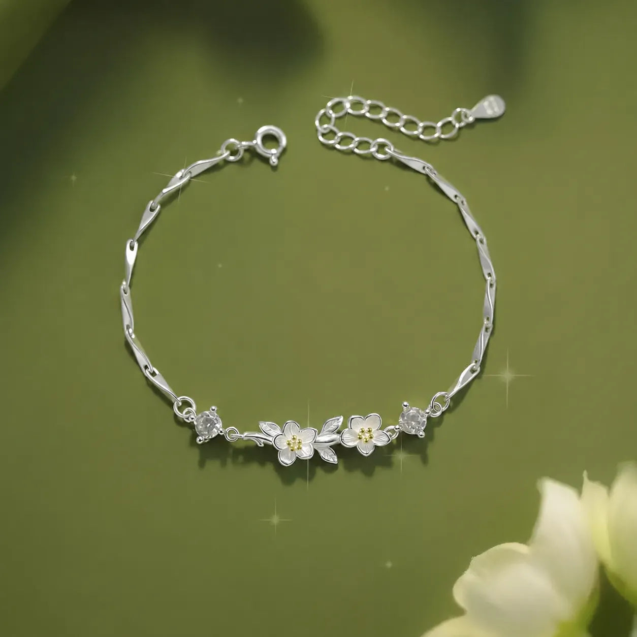 Jasmine Flower Bracelet in 925 Sterling Silver with a Branch Centerpiece and Two Cubic Zirconia Stones