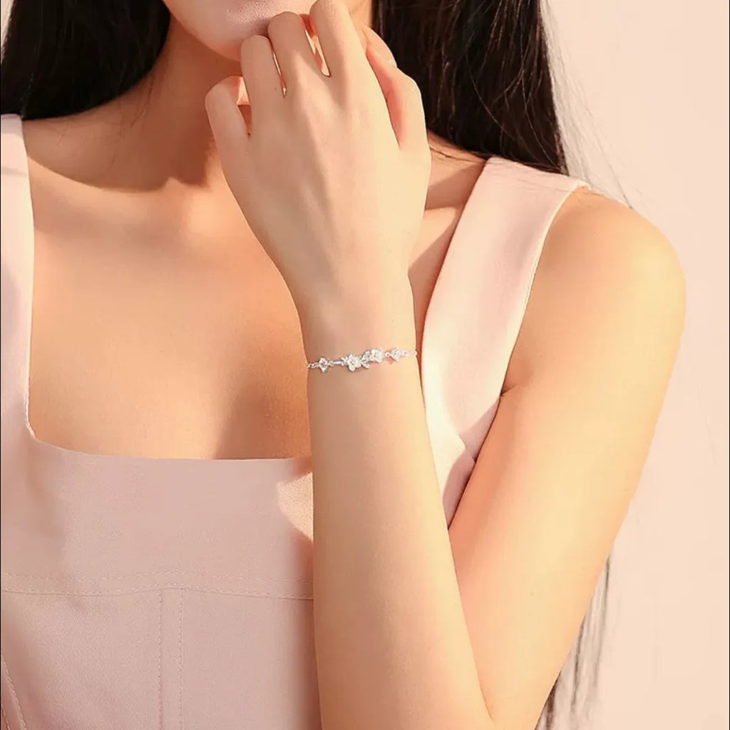 Jasmine Flower Bracelet in 925 Sterling Silver with a Branch Centerpiece and Two Cubic Zirconia Stones